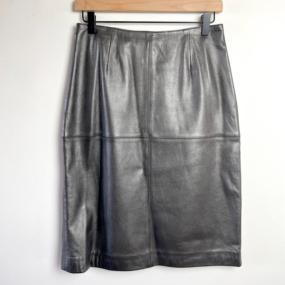 Vintage 90s Jones New York Leather Pencil Skirt Sz 6 Gunmetal Silver Parisian